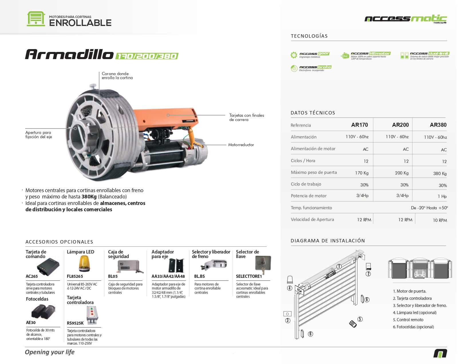 Ficha técnica de Motor para Cortina Enrollable Armadillo 170F Accessmatic Kit Completo