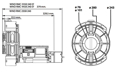 Dimensiones de Motor para Cortina enrollable WIND RMC 235B