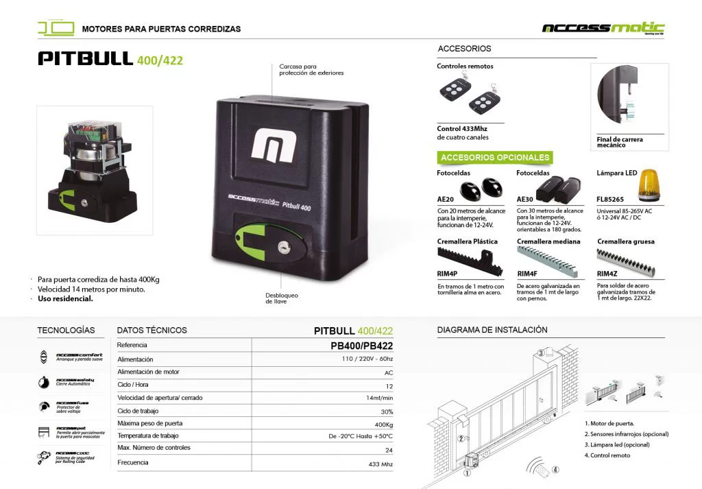 Ficha técnica de Motor para Porton Electrico Corredizo Pitbull 400 Accessmatic