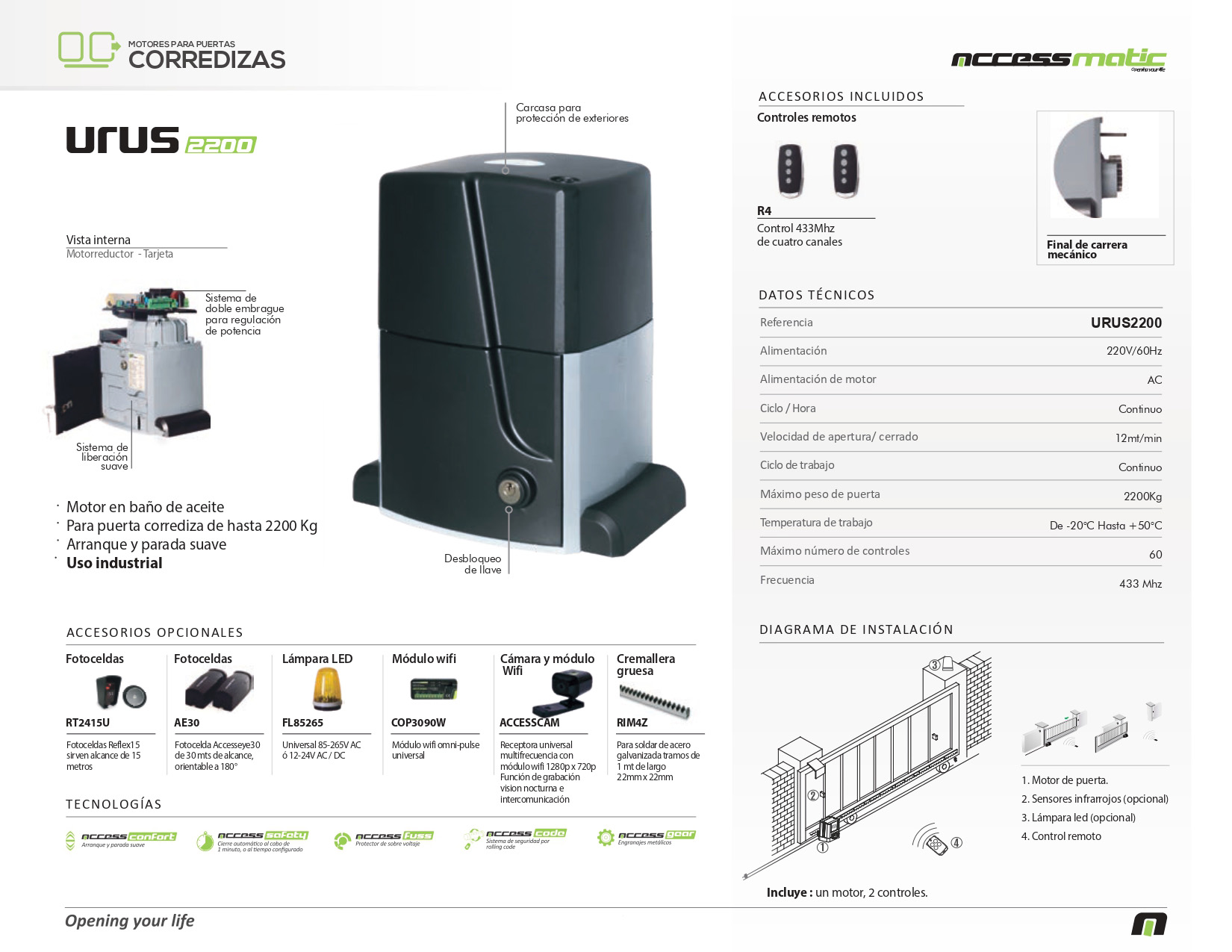 Ficha técnica de Motor para Puerta Corredera Urus 2200 Accessmatic