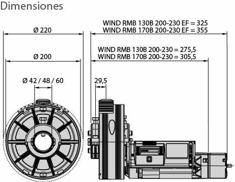 Dimensiones de Motor para Cortina Enrollable BFT WIND AC A230 / 240 -76 EF | 230V