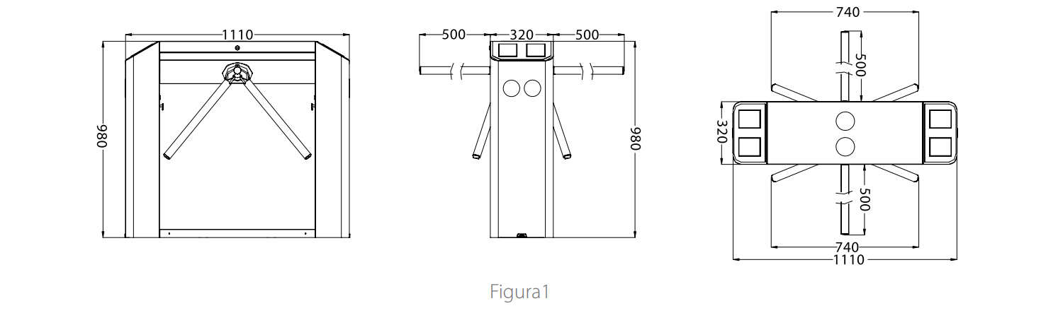 Dimensiones de Torniquete de Acceso Peatonal Zkteco TS1222